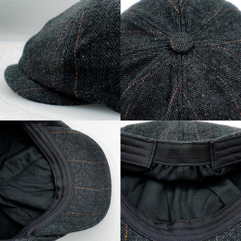 Charmylo Newsboy Cap Gatsby Baker Boy Hat Flat Caps Tweed Adjustable Peaky Herringbone Cloth Cap Hat Black - Image 3